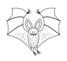 simpatico pipistrello vettoriale in bianco e nero con ali spiegate. icona del personaggio di halloween. autunno tutti i santi illustrazione di vigilia con animale volante. Samhain Party da colorare per bambini.