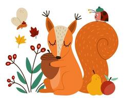scoiattolo carino con insetti ghianda, frutta. vettore scena autunnale con adorabile animale. scenario boschivo della stagione autunnale per stampa, adesivo, cartolina. divertente illustrazione della foresta.