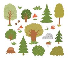 set vettoriale di alberi forestali, piante, arbusti, cespugli, funghi isolati su sfondo bianco. illustrazione piatta del bosco autunnale. collezione di icone di verde naturale