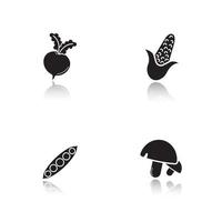verdure ombra nera set di icone. radice di barbabietola, peapod aperto, funghi, mais. illustrazioni vettoriali isolate