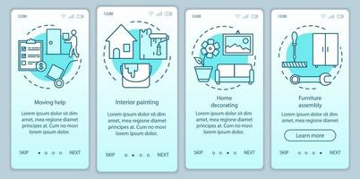 modello di vettore della schermata della pagina dell'app mobile onboarding dei servizi domestici. tinteggiatura d'interni. aiuto in movimento. procedura dettagliata del sito Web con illustrazioni lineari. ux, ui, gui concetto di interfaccia per smartphone