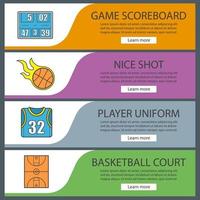 set di modelli di banner di basket. tabellone segnapunti di gioco, uniforme del giocatore, palla in fiamme, campo. voci di menu del sito web. banner web a colori. concetti di design delle intestazioni vettoriali