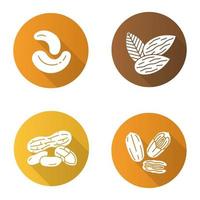 noci design piatto lunga ombra glifo icone impostate. mandorle, arachidi, anacardi e noci pecan. illustrazione vettoriale silhouette