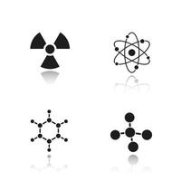 chimica e fisica. set di icone nere ombra esterna. atomo, molecola e simboli di cautela radioattivi. segno di radiazione. illustrazioni vettoriali isolate