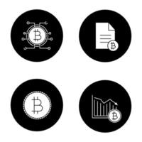 set di icone glifo bitcoin. documento bitcoin, caduta, pagamento. illustrazioni vettoriali di sagome bianche in cerchi neri