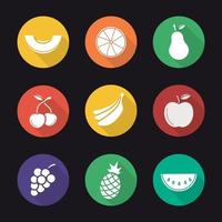 set di icone di frutta design piatto lunga ombra. fetta di melone, arancia, pera, due ciliegie, mazzetto di banane, grappolo d'uva, mela, ananas, anguria. illustrazione vettoriale silhouette