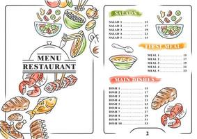 modello di colore del menu del ristorante. insalate, primi, secondi piatti. design di stampa con icone lineari. illustrazioni vettoriali di concetto. banner caffè, pagina brochure flyer con layout prezzi cibo