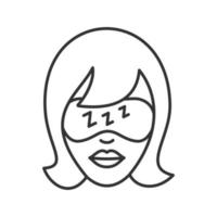 volto di donna con icona lineare della maschera per dormire. benda densa sugli occhi. illustrazione di linea sottile. simbolo di contorno. disegno vettoriale isolato contorno