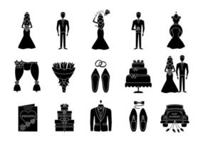 set di icone glifi per la pianificazione del matrimonio vettore