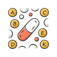 icona di colore di pillole di vitamina. a, b, c, d, e, k complesso multivitaminico. farmaco multivitaminico. minerali vitali e antiossidanti. sanità e medicina. illustrazione vettoriale isolato