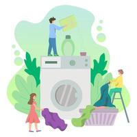 lavanderia con piccoli personaggi che caricano una grande lavatrice, design in stile piatto. vettore