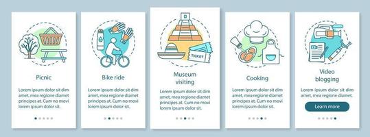 attività familiari con bambini che entrano nella schermata della pagina dell'app mobile con concetti lineari. giro in bicicletta. visita al museo. cinque passaggi illustrativi istruzioni grafiche. ux, ui, template vettoriale gui, illustrazioni