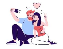 coppia selfie piatto illustrazione vettoriale. ragazzo bacia la ragazza per la foto dello smartphone. uomo e donna innamorati che fanno autoritratto alla datazione personaggio dei cartoni animati isolato su sfondo bianco vettore