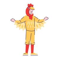 uomo vestito in costume da gallo piatto illustrazione vettoriale. personaggio dei cartoni animati con elementi di contorno isolati su sfondo bianco. vestito di carnevale di pollo. persona che si veste come un animale per halloween vettore