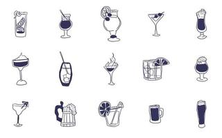 vasta selezione di bevande alcoliche e scatti doodle vettore