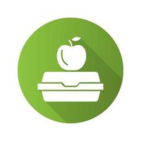 Lunchbox design piatto icona lunga ombra. mela sulla scatola del pranzo. simbolo di sagoma vettoriale