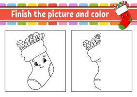 finire l'immagine e il colore. tema natalizio. personaggio dei cartoni animati isolato su sfondo bianco. per l'educazione dei ragazzi. scheda attività. vettore