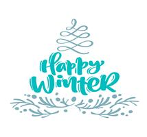 Felice inverno natale calligrafia lettering testo. La cartolina d&#39;auguri scandinava di natale con l&#39;illustrazione disegnata a mano di vettore fiorisce l&#39;albero di abete ed i rami stilizzati. Oggetti isolati