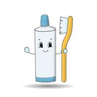 tubo di dentifricio con spazzolino da denti. simpatico personaggio. illustrazione vettoriale colorato. stile cartone animato. isolato su sfondo bianco. elemento di design.