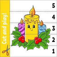 imparare i numeri 1-5. taglia e gioca. candele di natale. foglio di lavoro educativo. gioco per bambini. pagina attività a colori. puzzle per bambini. indovinello per la scuola materna. illustrazione vettoriale. stile cartone animato. vettore