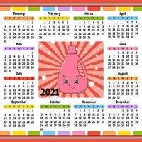 calendario per il 2020 con un simpatico personaggio. design divertente e luminoso. illustrazione vettoriale di colore isolato. stile cartone animato.