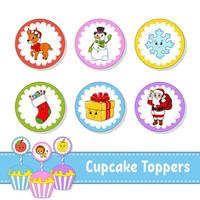 toppers per cupcake. set di sei immagini rotonde. tema natalizio. personaggi dei cartoni animati. immagine carina. per compleanni, feste, baby shower. vettore