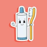 tubo di dentifricio con spazzolino da denti. adesivo di colore brillante. personaggio dei cartoni animati. illustrazione vettoriale. elemento di design. con contorno bianco. vettore