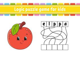 gioco di puzzle di logica. imparare le parole per i bambini. mela carina. trova il nome nascosto foglio di lavoro, pagina delle attività. gioco inglese. illustrazione vettoriale isolato. personaggio dei cartoni animati.