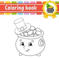 libro da colorare per bambini. carattere allegro. illustrazione vettoriale. pentola d'oro nel cappello. stile cartone animato carino. sagoma di contorno nero. isolato su sfondo bianco. ns. giorno di patrizio. vettore