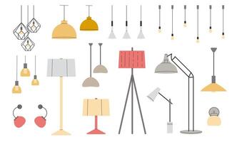 impostato di lampade. collezione di moda mobilia lampadario, pavimento e tavolo lampada nel piatto stile. vettore illustrazione su bianca sfondo