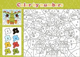 inverno a tema colorazione pagina di numero per bambini con carino pupazzo di neve personaggi e Natale albero vettore