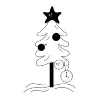 scarabocchio isolato Natale albero nero e bianca vettore nuovo anno abete albero, palle, stella, orologio, rintocchi.