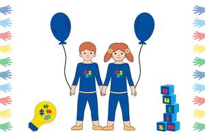 autistico bambini con blu aria Palloncino, giallo leggero lampadina con puzzle e piramide di cubi giocattolo. vettore illustrazione autismo concetto mostrare sostegno, amore, tolleranza. autismo consapevolezza giorno.