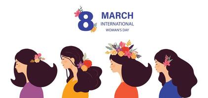 internazionale donne giorno con viso e capelli uso per orizzontale bandiera design vettore