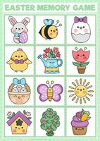 vettore Pasqua kawaii memoria gioco carte con carino tradizionale vacanza simboli. primavera vacanza accoppiamento attività. ricorda e trova corretta carta. semplice giardino foglio di lavoro per bambini con coniglietto, pulcino