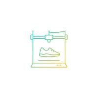 Icona di vettore lineare gradiente di scarpe stampate 3D. fabbricazione di calzature leggere. nuovo processo produttivo. simbolo del colore della linea sottile. pittogramma in stile moderno. disegno vettoriale isolato contorno