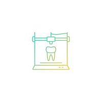 Stampa 3D per l'icona di vettore lineare gradiente di odontoiatria. produzione di impianti dentali. innovazione in campo medico. simbolo del colore della linea sottile. pittogramma in stile moderno. disegno vettoriale isolato contorno