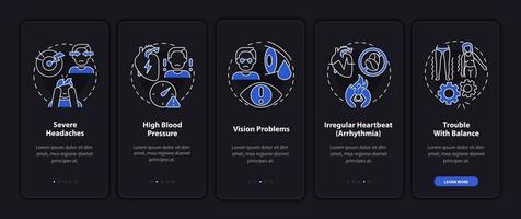 segni di alta pressione sanguigna a bordo della schermata della pagina dell'app mobile. procedura dettagliata di aritmia cardiaca 5 passaggi istruzioni grafiche con concetti. ui, ux, gui modello vettoriale con illustrazioni in modalità notturna lineare