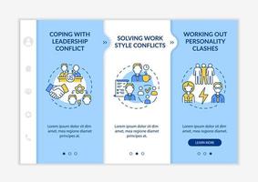 risoluzione dei conflitti del team modello vettoriale di onboarding. sito mobile reattivo con icone. procedura dettagliata della pagina web 3 schermate di passaggio. concetto di colore di comunicazione con illustrazioni lineari