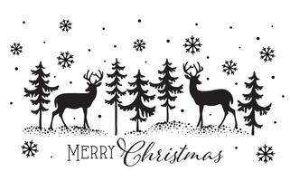 Natale cervo e pino alberi, nero e bianca disegno con i fiocchi di neve e allegro Natale testo- Natale nero e bianca clipart vettore
