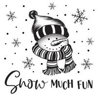 Natale pupazzo di neve testa nero e bianca con neve tanto divertimento formulazioni e fiocchi di neve- Natale nero e bianca vettore illustrazione
