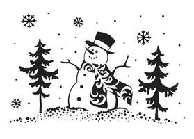 Natale pupazzo di neve nero e bianca con i fiocchi di neve e pino albero- Natale nero e bianca illustrazione vettore