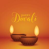 realistico contento Diwali saluto carta con Due diya lampade vettore