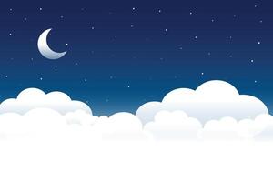 soffice nuvole notte scena con Luna e stelle vettore
