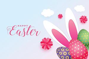 nascondiglio coniglietto dietro a realistico Pasqua uova sfondo con fiore vettore