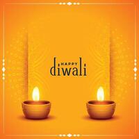 tradizionale contento Diwali arancia carta con realistico diya vettore