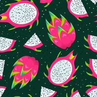 pitahaya. Drago frutta estate senza soluzione di continuità modello. salutare cibo, vegani. veganuario. cactus. tropicale esotico frutta, le foglie. salutare cibo. per menù, bar, sfondo, tessuto, involucro vettore