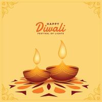 contento Diwali decorativo carta con Due diya vettore