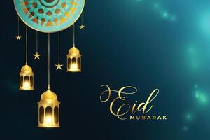 brillante eid mubarak invito carta con sospeso lanterna vettore