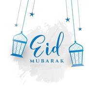 spazzola ictus stile eid mubarak sfondo con sospeso lampada design vettore